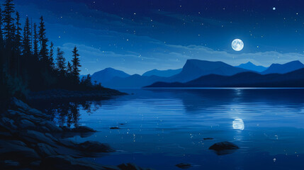 A moonlit night over a calm bay, the water reflecting the moon and stars, surrounded by a silhouette of mountains and forests