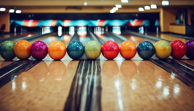close-up of bright coloured bowling balls in bowling alley
