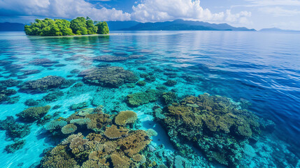 A vibrant coral reef seen from above, the clear blue water showcasing the multitude of colors and life forms, with a small uninhabited island in the distance