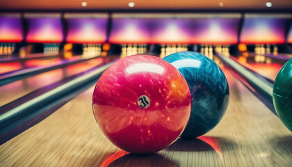 close-up of bright coloured bowling balls in bowling alley
