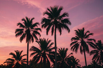 Fototapeta na wymiar Palm trees silhouettes at sunset. Colorful sky with pink and purple colors. Generative AI