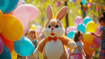 Human in easter bunny costume mascot of Easter entertaining kids on Easter festival outdoors