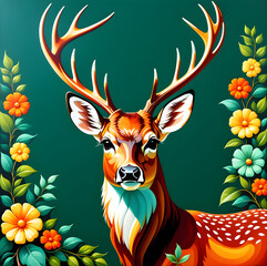 Forest deer, elk, buck, antlers in folk art style 