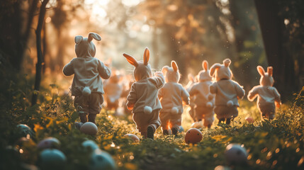 playful scene of kids dressed as bunnies costumes which running for easter eggs. hunt easter eggs - obrazy, fototapety, plakaty