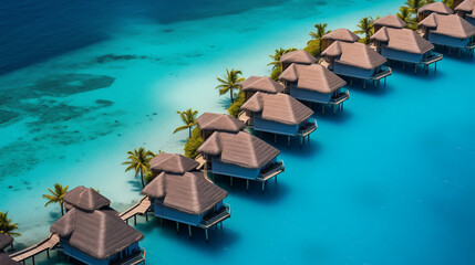 The Maldives, overwater bungalows, coral atolls, and stunning shades of blue in the Indian Ocean. Aerial View