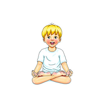 Glückliche Kids Yoga Joga für Kinder Asana Lotussitz Gesunde Bewegung und Sport Ausgleich Junge macht barfuß  Yoga Haltung Pose mit fröhlichem Gesicht Spaß und Hobby Yogi Logo auf Hintergrund in weiß