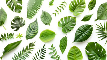 Assorted Green Leaves on a White Background in Various Shapes and Textures