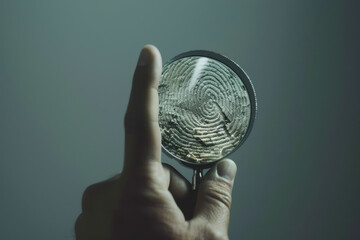 A conceptual security image with a hand holding a magnifying glass and a fingerprint