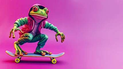 Foto op Canvas Modern funny frog in a baseball cap rolls on a skateboard in a dynamic pose. Symbol of the day in a leap year, celebrating the event of the frog jump on February 29 © ximich_natali