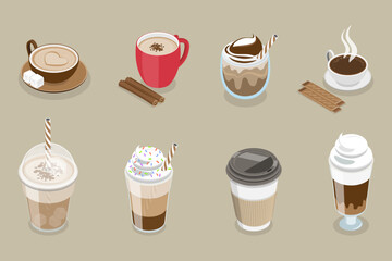 3D Isometric Flat Vector Set of Coffee Beverages, Different Drink Types