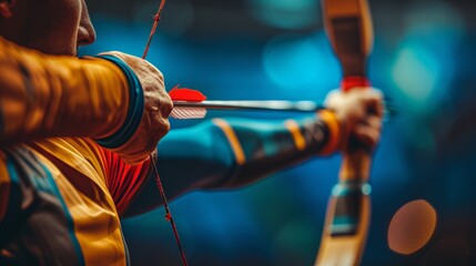Close up of arrow release in archery, showcasing athleticism for summer olympics concept.