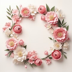 Soft pastel paper art floral wreath with pink peonies and white roses. Elegant and creative paper crafted floral arrangement on a white background. Spring flowers concept for greeting card and poster