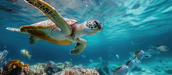 Underwater photography of adorable sea turtle and swimming fish, capturing aquatic wildlife. - obrazy, fototapety, plakaty