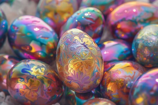 Artistically painted Easter eggs with intricate marbled patterns. Handcrafted and colorful Easter eggs with ornate designs for holiday celebrations.