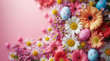 Fototapeta na wymiar Colorful Easter floral backdrop with pink gerbera daisies and decorated eggs. Easter celebration with vibrant flowers and festive eggs in pastel tones with space for text.