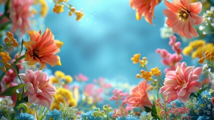 Lush garden of blooming lilies in vibrant spring colors. Bright and colorful lilies with a serene blue background in nature with space for text