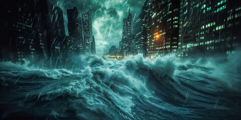une ville se fait submerger par la mer pendant une tempête - obrazy, fototapety, plakaty