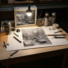 Artistic workspace with pencils, paints, brushes and paper on wooden table