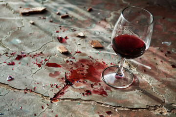 Broken wine glass with red wine