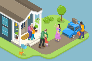 3D Isometric Flat Vector Illustration of Visit Of Grandchildren, Happy Family