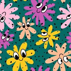 Cartoon summer retro seamless flower pattern for wrapping paper and fabrics and spring packaging and kids print