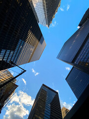 Low-angle view of modern skyscrapers in Toronto, Canada.