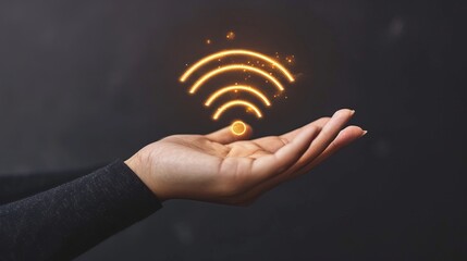 Interactive holographic wifi icon shining in the air with futuristic technology concept