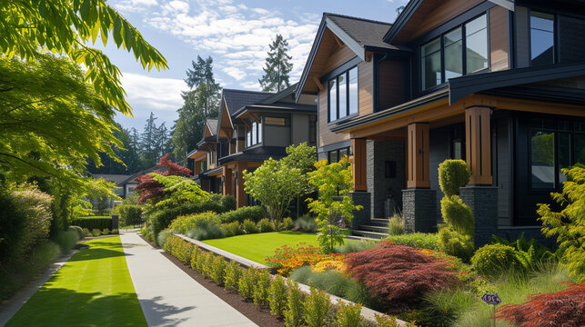 A beautifully composed image showcasing the side angle of a Modern Suburban Craftsman House, its architectural details accentuated by a carefully manicured pathway and a minimalist garden edge.
