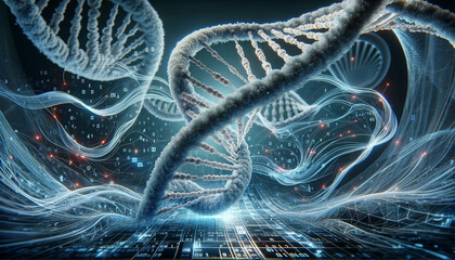 A depiction of the iconic DNA double helix intricately intertwined with current digital binary codes and neural network models. The images symbolize the convergence of genetics and digital artificial 