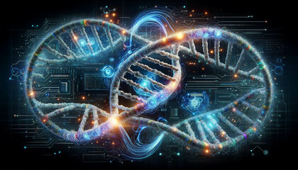 The beauty of the DNA double helix with futuristic elements of artificial intelligence such as digital code, holographic data and advanced computing circuits. Genetic research