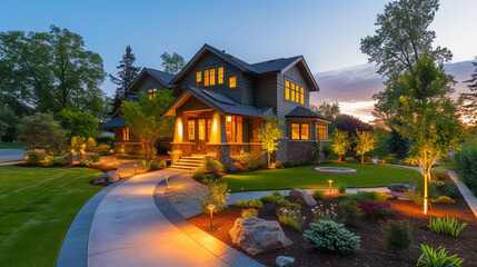 A dusk scene capturing a Modern Suburban Craftsman Style House, the pathway lined with energy-efficient solar-powered pathway lights, contributing to a green lifestyle. - obrazy, fototapety, plakaty