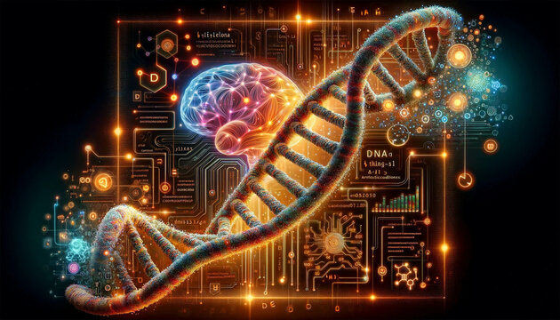 The DNA double helix image is intertwined with AI symbols such as glowing algorithms, code snippets and AI brain diagrams. Vividly depicts the synergy between genetic science and artificial intelligen