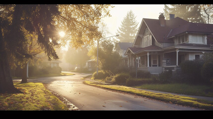 A high-definition image showing a side angle of a Craftsman Style House in the suburbs at dawn. The pathway is shrouded in the soft morning light, offering a fresh perspective on suburban life.