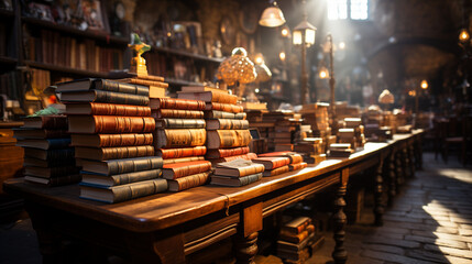 Dans une librairie, un vieux livre s'anime, racontant des contes fantastiques aux lecteurs émerveillés, créant un monde magique.
