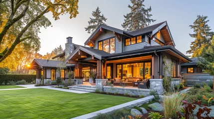 Foto op Plexiglas A picturesque scene of a Modern Suburban Craftsman House, seen from the side, with its architectural details highlighted by the golden hour sun, complemented by a refined garden boundary. © Creative artist1