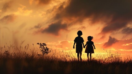 Obraz na płótnie Canvas artistic rendering of siblings in silhouette, symbolizing the enduring love and support they provide each other, Two Children at Sunset in a Field of Wildflowers