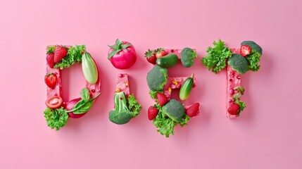 Fototapeta na wymiar Text Diet of fruits and vegetables. Healthy eating, organic, green menu, tomato, cucumber, avocado