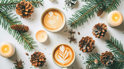 Coffee Cup with Latte Art, Pine Cones, and Candles