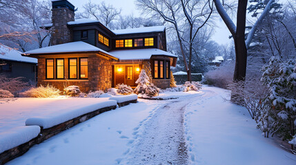 A side angle view of a Modern Suburban Craftsman Style House during a snowy evening. The pathway is lightly covered with snow,  - Powered by Adobe