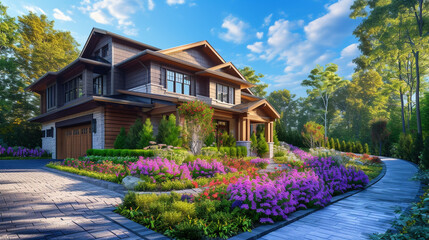 An image capturing the symmetry of a Modern Suburban Craftsman Style House from a side angle, surrounded by vibrant flowers and a meticulously manicured pathway.