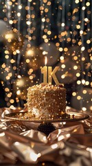 A majestic birthday cake boasting the number "1k" on its surface in gold and silver style. Celebration cake illuminating the magical moment and celebrating the achievement.