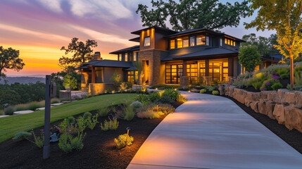 Capture a side view of a Modern Suburban Craftsman Style House at sunset. The pathway to the house...