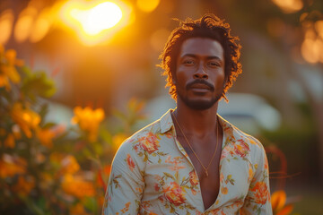 Obraz premium attractive African man in a floral shirt in a garden during a summer sunset with the sun shining against the backlitght