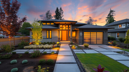 Capture a side view of a Modern Suburban Craftsman Style House at sunset. The pathway to the house is illuminated by landscape lighting, creating a warm and welcoming effect against the twilight sky.