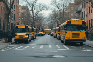 There are multiple school buses on their way to New York City, where they will pick up all of students at their homes AI Generative