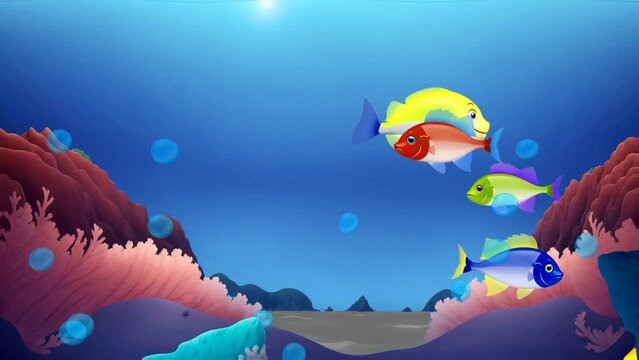  five fish swim peacefully in the coral paradise, blue water and fish