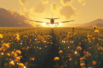 Plane Flying Over Field of Yellow Flowers