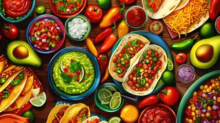 close-up of traditional Mexican dishes like tacos, guacamole, and salsa, perfect for a Cinco de Mayo feast