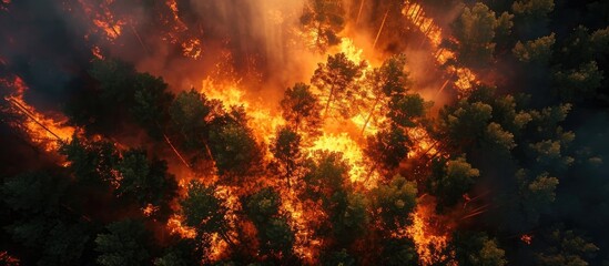 Fototapeta na wymiar Drone captures fire in pine forest from above.