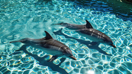 Fototapeta premium Two Dolphins Swimming in Clear Water